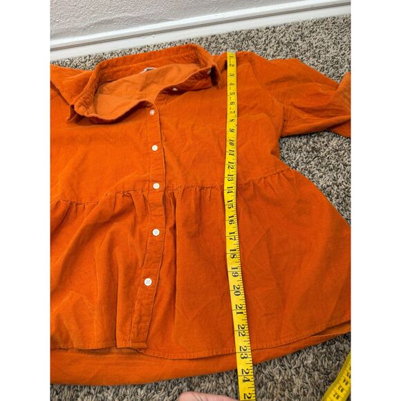 Loft Womens Orange Corduroy Button Up Top Sz L Ruffle Pumpkin Patch Fall Staple - Picture 7 of 8